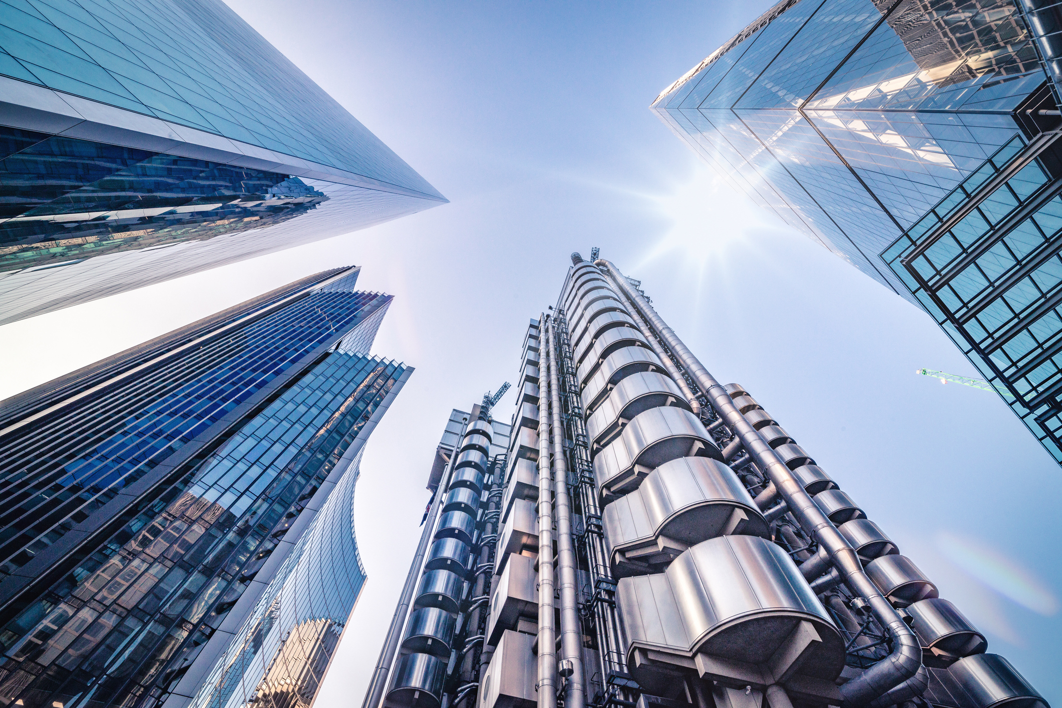 Image of Lloyd's of London taken from pavement looking up to the top of the building
